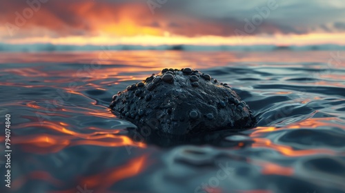 A close-up photo of a black, pitted stone with barnacles clinging to it, half-submerged in the gentle waves of a calm sea at sunset, with the fiery sky reflected in the wet surface.  