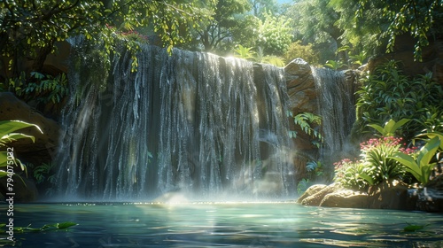 A crystal-clear waterfall cascading down  the water droplets glistening and swaying in the sunlight  suitable for a nature tourism ad. 