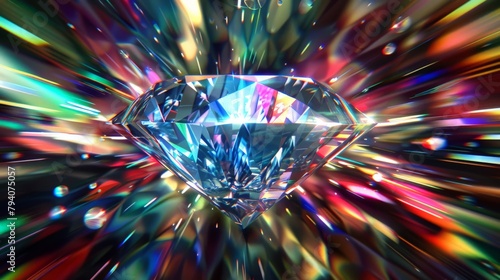 A diamond composed entirely of colorful light trails  resembling a diamond diffracting light in an abstract dance  ideal for a physics textbook illustration.  