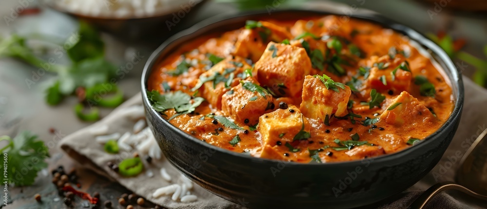 Delicious Paneer Butter Masala with Rice and Laccha Paratha - A Cheese Curry Treat. Concept Paneer Butter Masala, Indian Cuisine, Cheese Curry, Laccha Paratha, Vegetarian Meal Delicious Paneer Butter Masala with Rice and Laccha Paratha - A Cheese Curry Treat. Concept Paneer Butter Masala, Indian Cuisine, Cheese Curry, Laccha Paratha, Vegetarian Meal