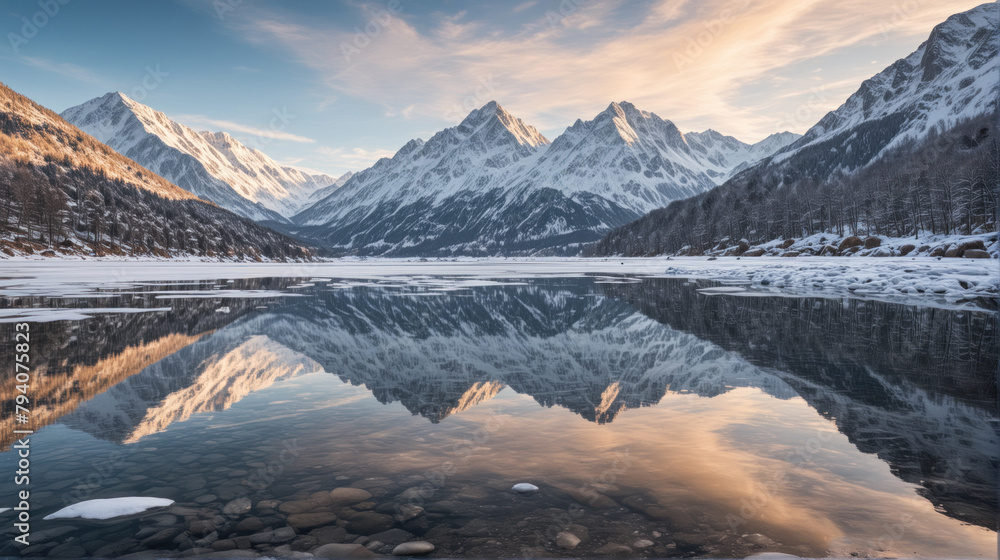 Snowy Serenity: Frozen Lake Amidst Snowy Mountains