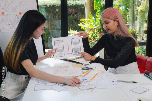 Female ux developer and ui designer brainstorming about mobile app interface wireframe design. App developer team meeting about screen display prototype layout for smartphone, ui, ux concept.