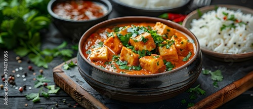 Delicious Paneer Butter Masala with Rice and Laccha Paratha: A Flavorful Cheese Curry. Concept Paneer Butter Masala, Indian Cuisine, Vegetarian Recipe, Creamy Tomato Gravy, Punjabi Dish