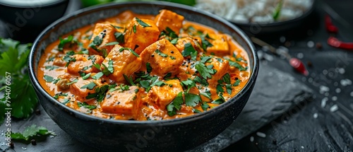 Delicious Paneer Butter Masala with Rice and Laccha Paratha. Concept Indian cuisine, paneer butter masala, rice, laccha paratha photo