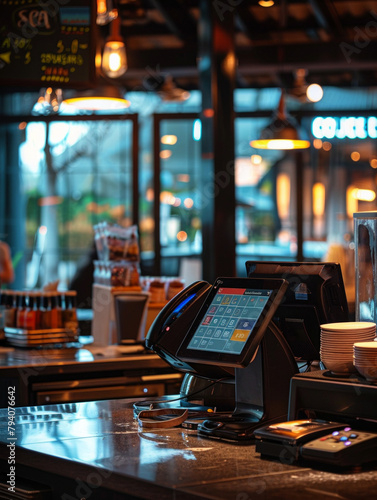 A cash register sits on a counter in a restaurant photo