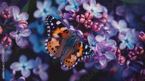 Vanessa cardui butterfly pollinating lilac flowers