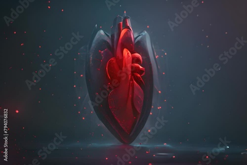 An abstract red human heart behind a blue futuristic guard shield. Medical concept. Low poly style. Geometric background. Wireframe connection structure photo
