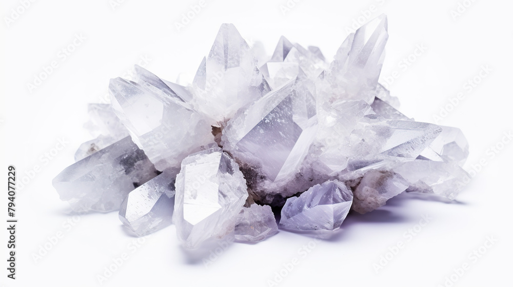 Quartz crystals set apart against a backdrop of pure white