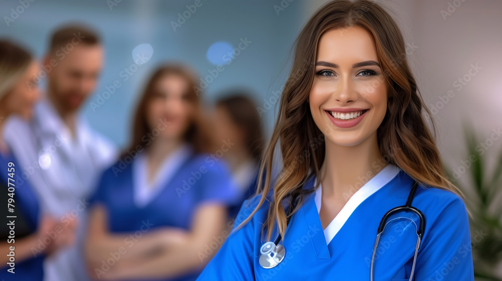 A friendly, young healthcare worker, female nurse smiles in a busy hospital environment, radiating positivity and care.
A friendly, young healthcare worker, female nurse smiles in a busy hospital environment, radiating positivity and care.