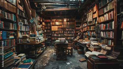 Old library with towering bookshelves and soft light
