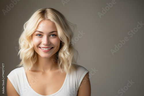 happy blonde young woman with a bright smile and copy space