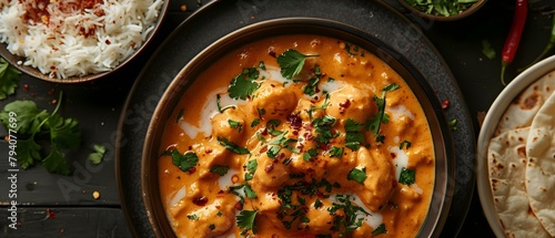 Delicious Indian Cuisine: Chicken Korma, Naan, Roti, and Coconut Milk. Concept Indian Spices, Homemade Meals, Vegetarian Curries, Tandoori Specialties, Flavorful Dishes photo