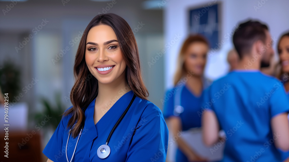 A friendly, young healthcare worker, female nurse smiles in a busy hospital environment, radiating positivity and care.
A friendly, young healthcare worker, female nurse smiles in a busy hospital environment, radiating positivity and care.