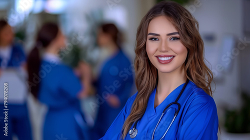 A friendly, young healthcare worker, female nurse smiles in a busy hospital environment, radiating positivity and care. 