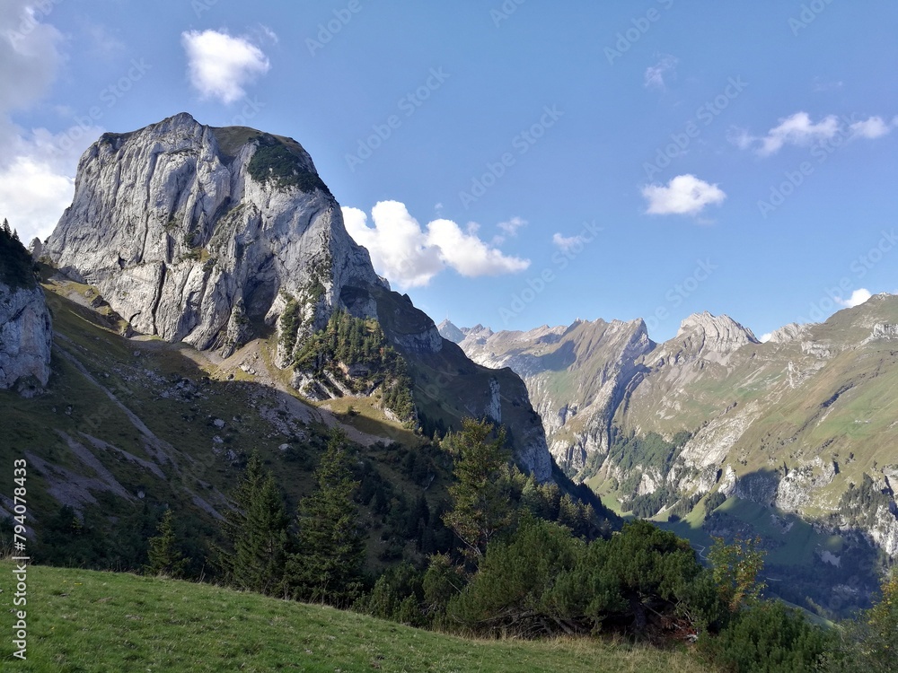 Mountain View in the Swiss Alps, Alpstein, Switzerland, Hiking, clouds and blue sky