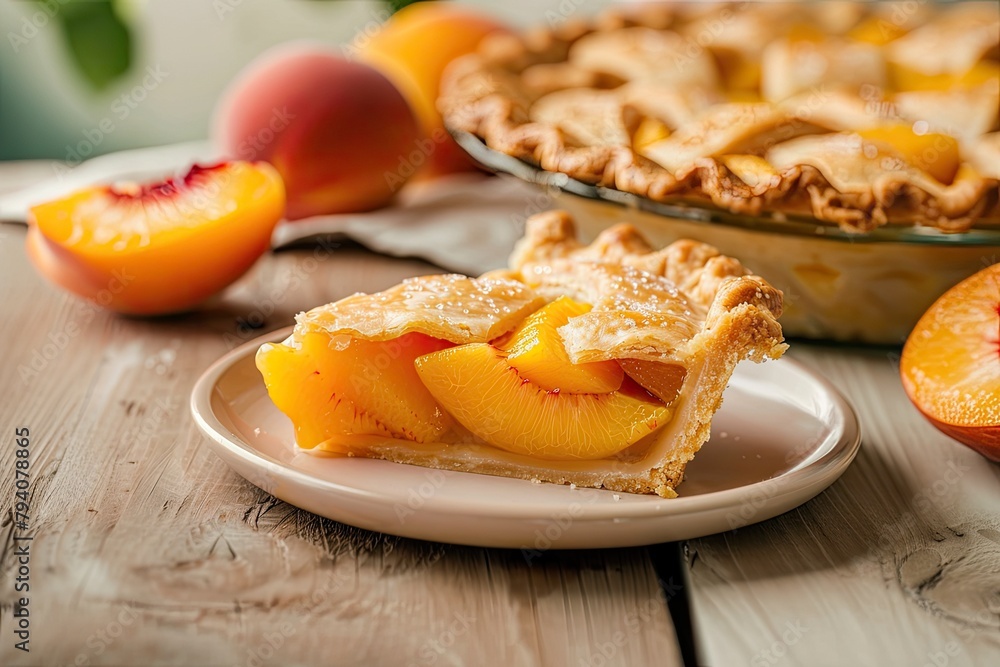 Delicious Plate of Peach Pie on a Wooden Table