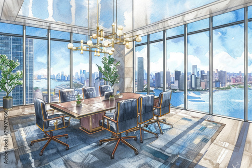 Drawing of a dining room interior with a large window showcasing a view of the city skyline and buildings