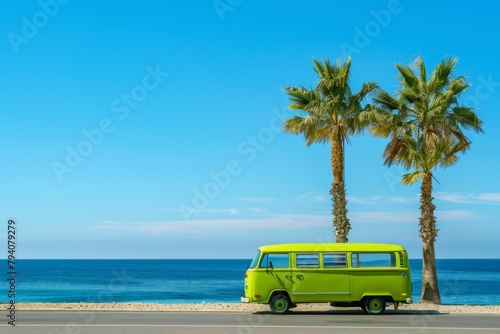 Green minibus on the road. Blue sky without clouds. Palm trees andsummer mood. Pink sun on the sky photo