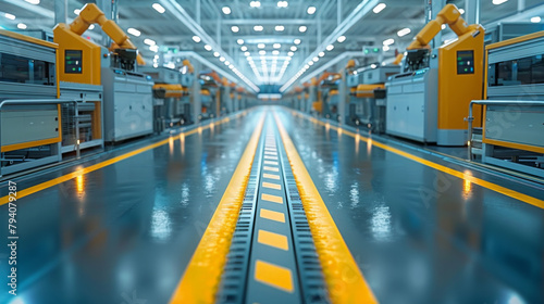 A factory floor with yellow lines and robots