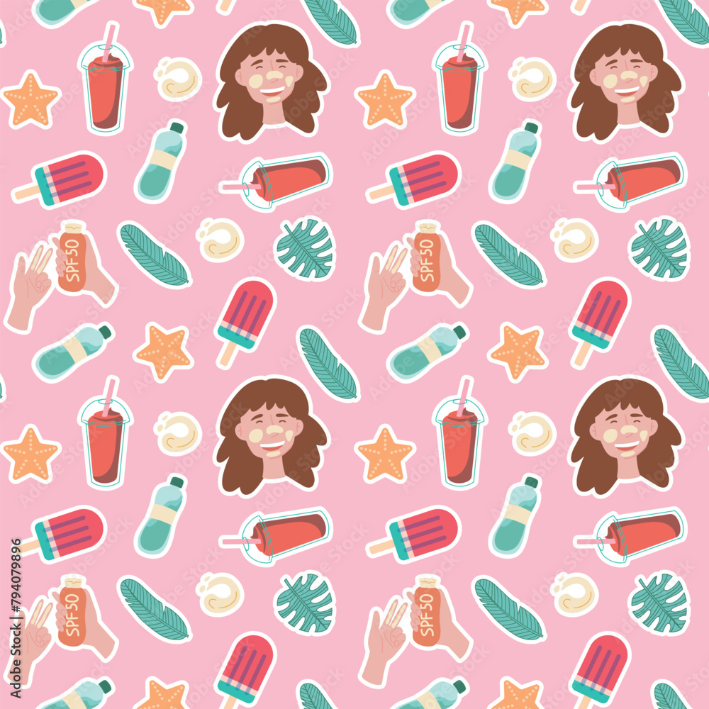 seamless pattern featuring a happy woman with a big smile holding an ice cream cone on a pink background. The design includes circles, a magenta font, and playful textile art
