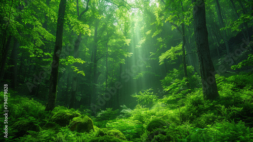 A lush green forest with sunlight shining through the trees © tope007
