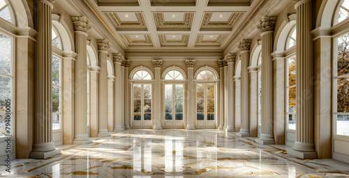 Bright atrium with classic architecture and marble floors