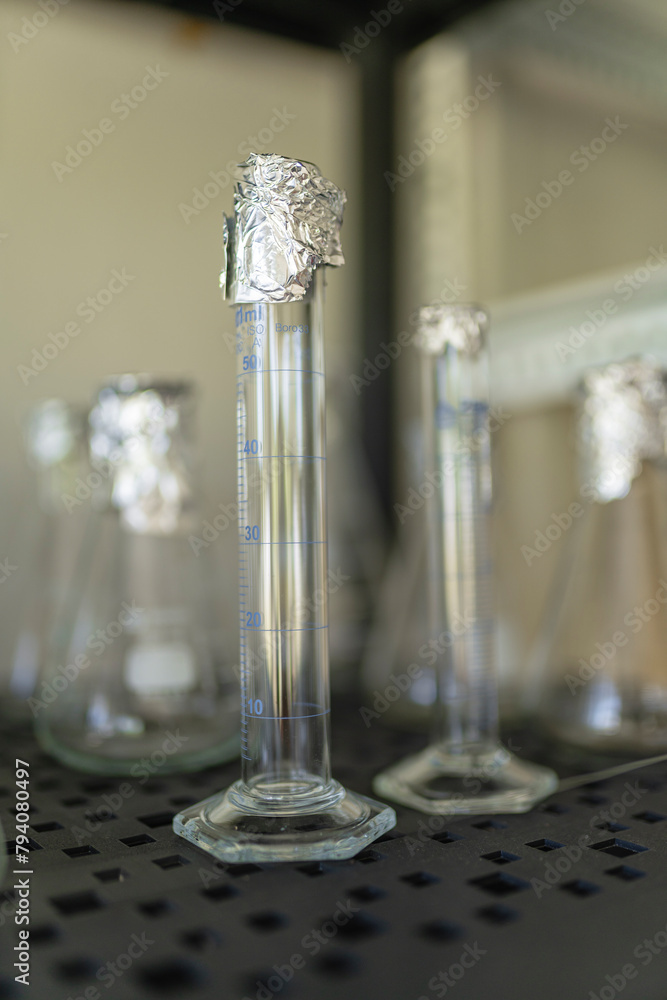 Set of flask of test tubes placed in laboratory