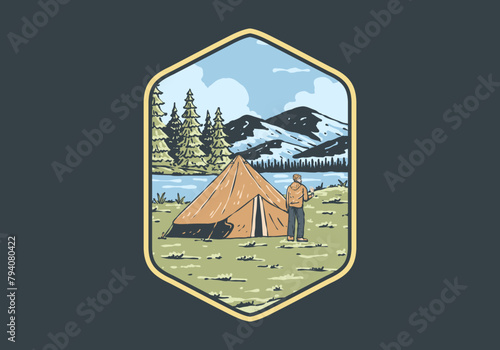 River side camping. Vintage outdoor illustration badge