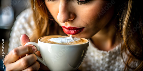 Woman drinking cappuccino  coffee  macro  red lipstick  lips  cappuccino taste  photorealistic  AI generated
