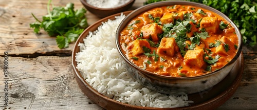 Delicious Meal: Paneer Butter Masala with Rice and Laccha Paratha. Concept Indian cuisine, Paneer Butter Masala, Rice, Laccha Paratha, Delicious meal photo