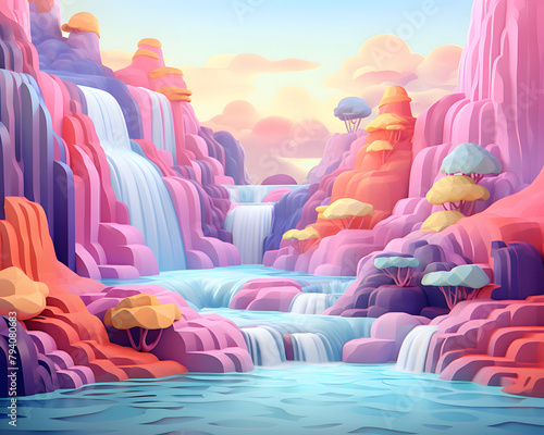 3d illustration of pastel whimsical waterfall landcape scenic. photo