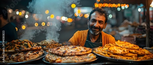 Man selling Indian street food paratha chhola kulcha at roadside stall. Concept Street Food Vendor, Indian Cuisine, Roadside Stall, Paratha Chhola Kulcha, Culinary Experience photo