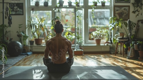 A person doing bodyweight exercises in a minimalist, clutter-free home gym. photo