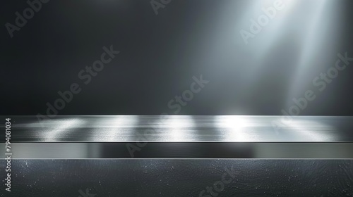 sleek silver steel countertop illuminated by dramatic spot light in studio setting abstract background