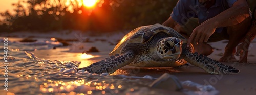 Conservationists tagging endangered turtles, sunset on the beach, warm glow, close-up,  photo