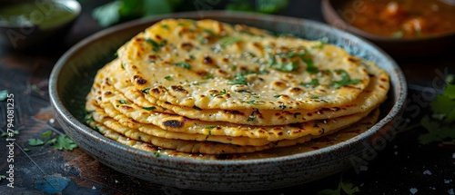 Kerala Porotta: Homemade layered flatbread made with wheat flour, served on a ceramic plate. Concept Indian Cuisine, Traditional Dishes, Food Photography, South Indian Recipes, Culinary Creations