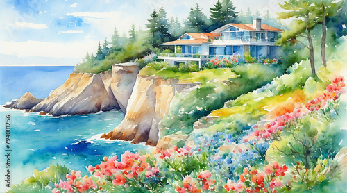 Modern house on a cliff  by the sea surrounded with forest and flowers blossom, watercolor painting style, generative AI.