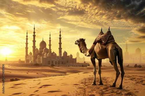 Photo camel with mosque in beautiful islamic background