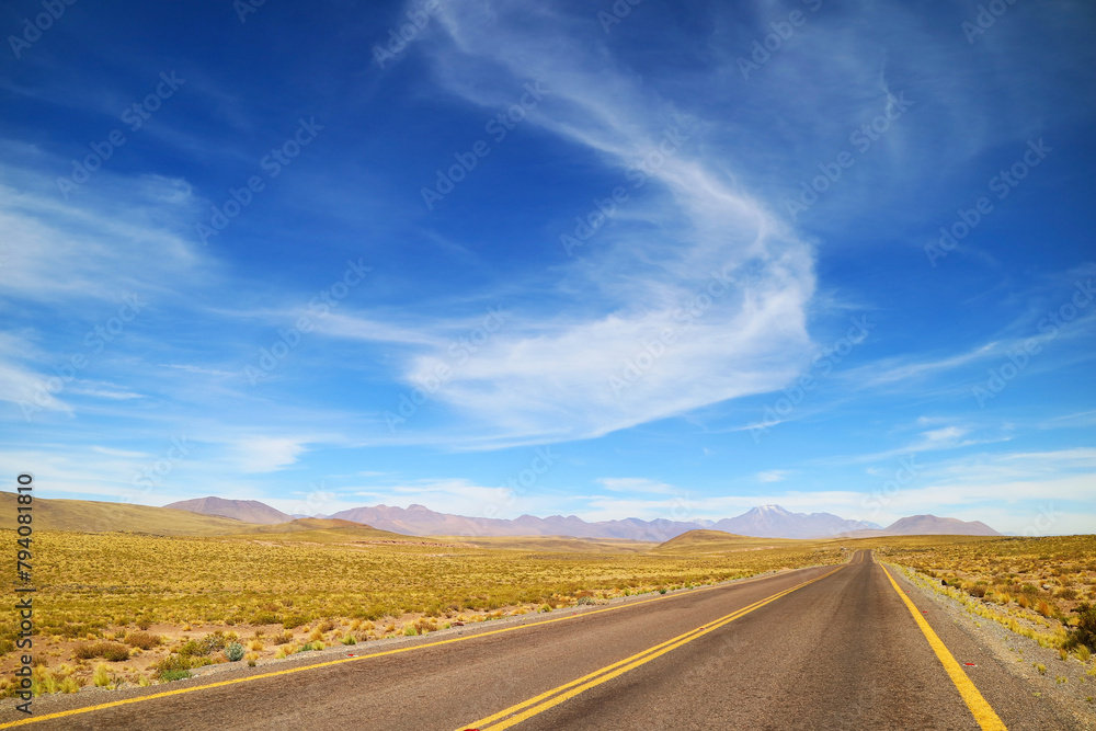 Empty Desert Road in the Los Flamencos National Reserve, Antofagasta Region, Northern Chile, South America Empty Desert Road in the Los Flamencos National Reserve, Antofagasta Region, Northern Chile, South America