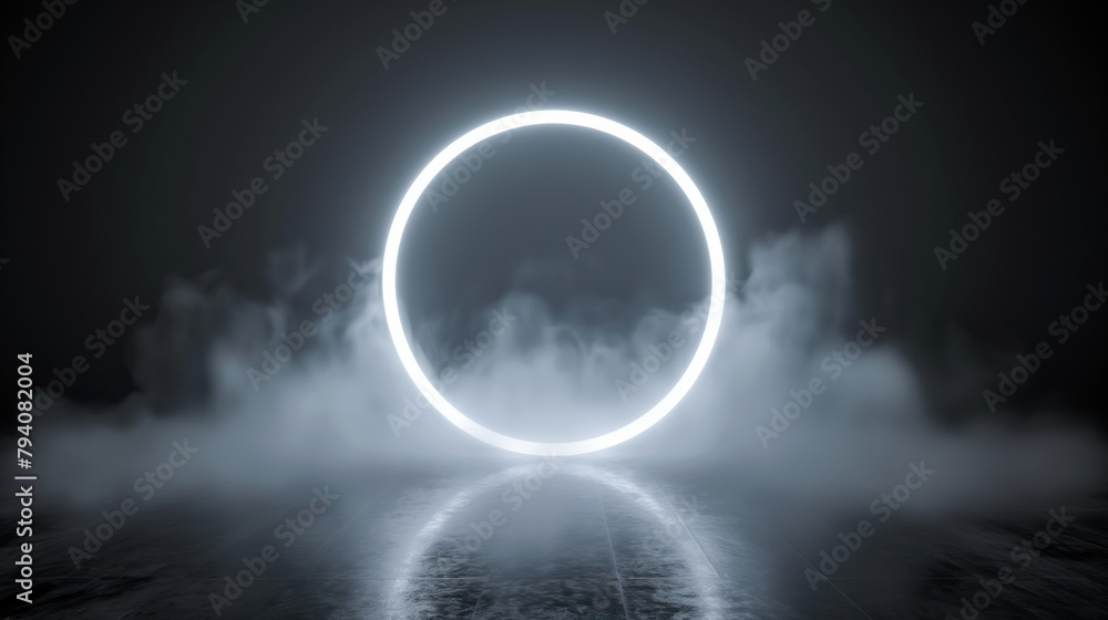 A large white circular neon ring in the center of an empty room with fog and light on a dark gray background. A large white circular neon ring in the center of an empty room with fog and light on a dark gray background.