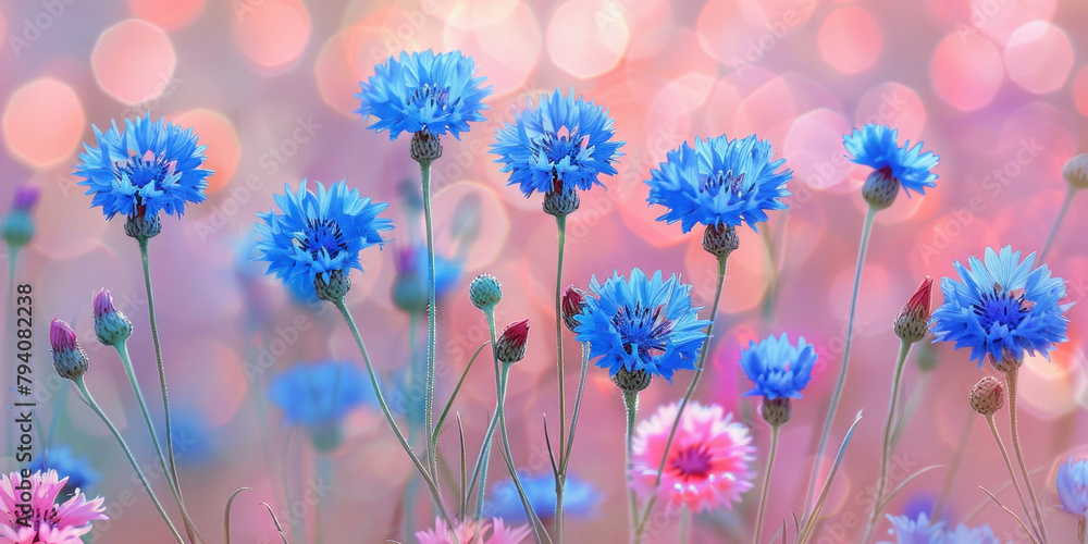 Gorgeous Blue Cornflowers Glistening in Field under Pink and Blue Lights, Stunning HD Wallpaper Scene - obrazy, fototapety, plakaty 