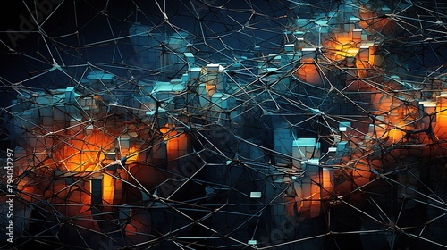 Abstract Network of Geometric Lines and Glowing Nodes Against a Dark Backdrop