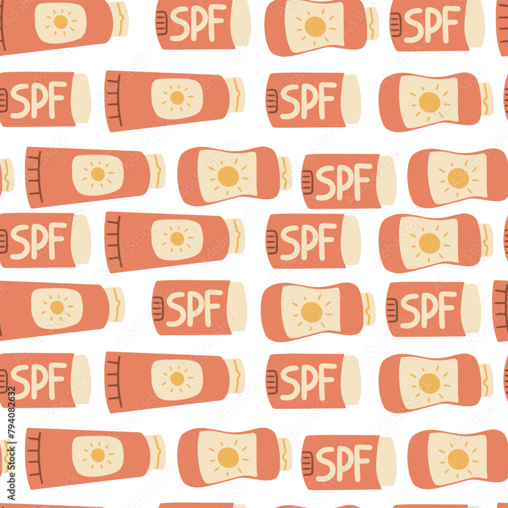 Sun safety seamless pattern. Tubes and bottles of sunscreen products with different SPF: cream, lotion, lipstick, spray. Hand drawn summer cosmetic and different sun glasses. Skin protection. Sun safety seamless pattern. Tubes and bottles of sunscreen products with different SPF: cream, lotion, lipstick, spray. Hand drawn summer cosmetic and different sun glasses. Skin protection.
