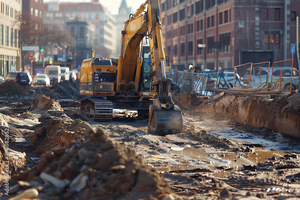 Witness construction in action as an excavator digs the ground at a construction site, preparing for the installation of pipes. Witness construction in action as an excavator digs the ground at a construction site, preparing for the installation of pipes.