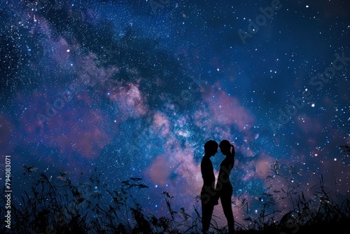 two people standing in front of a night sky