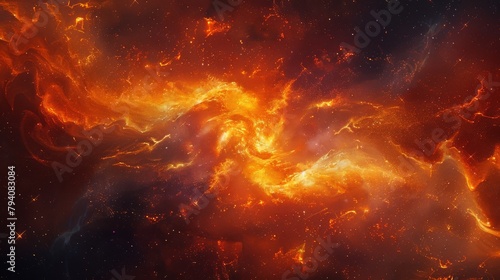 A fiery nebula in deep space, its swirling gases and glowing stars creating an abstract dance of celestial fire, suitable for an astronomy book cover. 