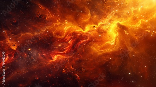 A fiery nebula in deep space, its swirling gases and glowing stars creating an abstract dance of celestial fire, suitable for an astronomy book cover.  