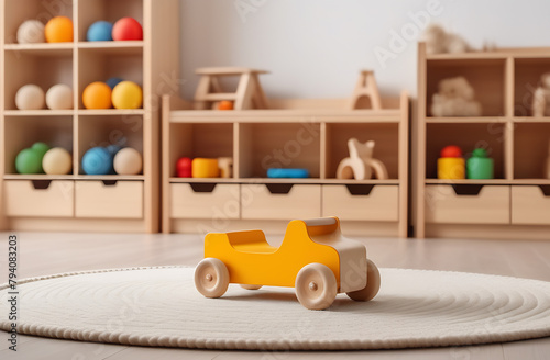 Wooden toys. Yellow wooden car on a white rug in the center of the room. Shelves with toys made of natural wood.