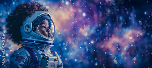 A young child in a space suit is looking up at the stars