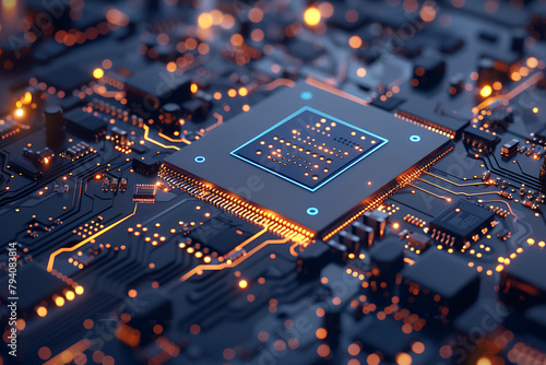 Get up close to cutting-edge technology with a detailed shot of a storage chip on a circuit board against a striking blue background.